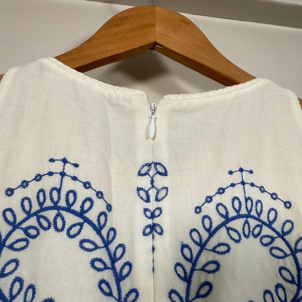 Tory Burch Floral Mariana Dress Womens Blue‎ White Embroidered Scallop Hem - 4